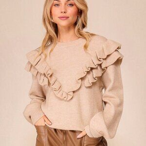 LUMIERE Neutral Ruffle Detail Sweater, eige Tan,Feminine Statement Knit Pullover